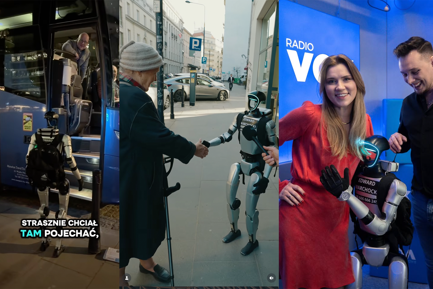 Edward Warchocki robot: getting on a bus, shaking hands with an elderly woman on the street, appearing at Radio VOX