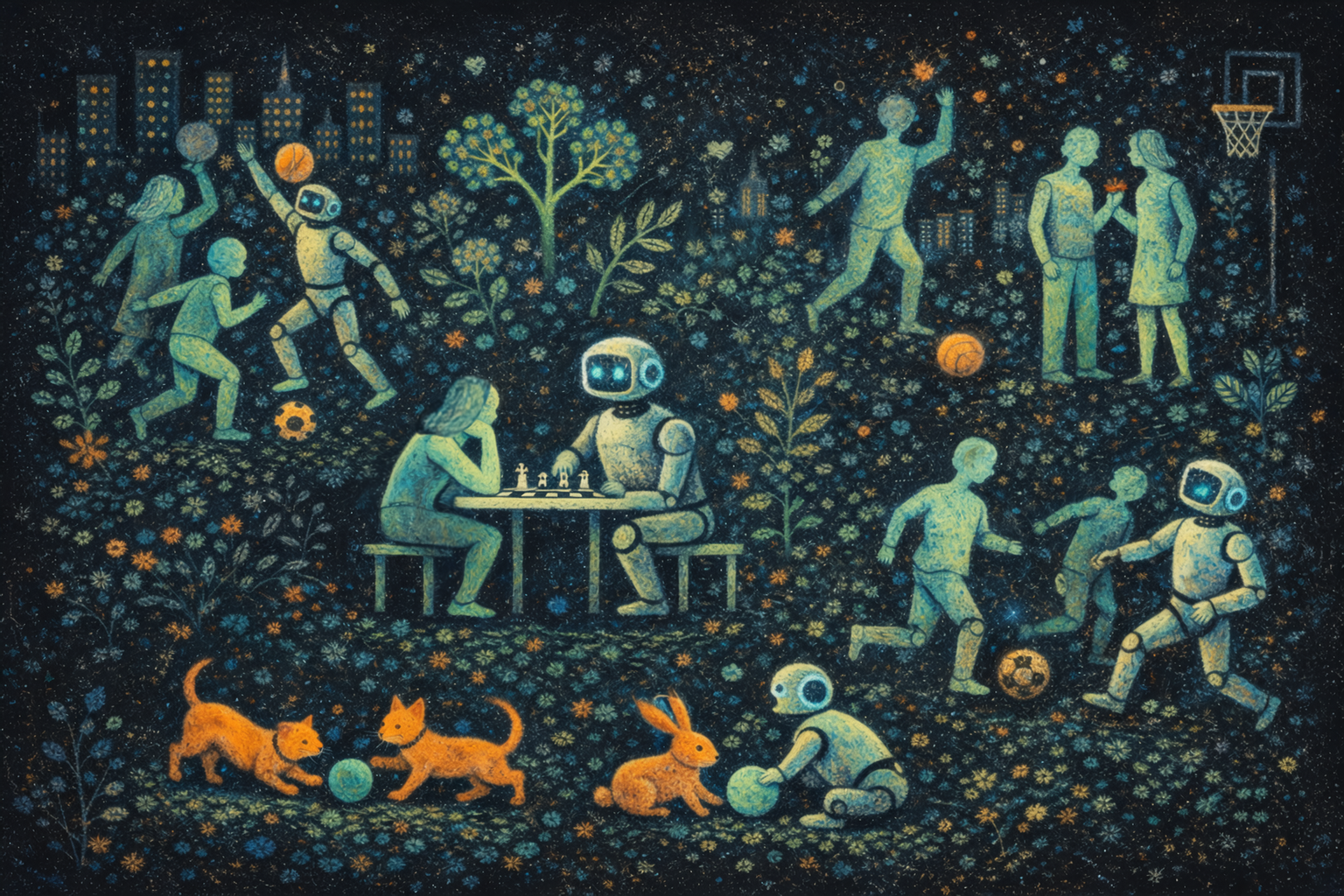 Dark pastel painting of robots and humans playing together