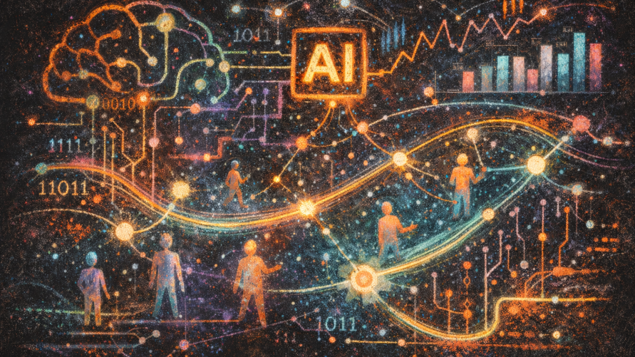 Abstract painting of human figures connected by neural network lines with AI data visualisations