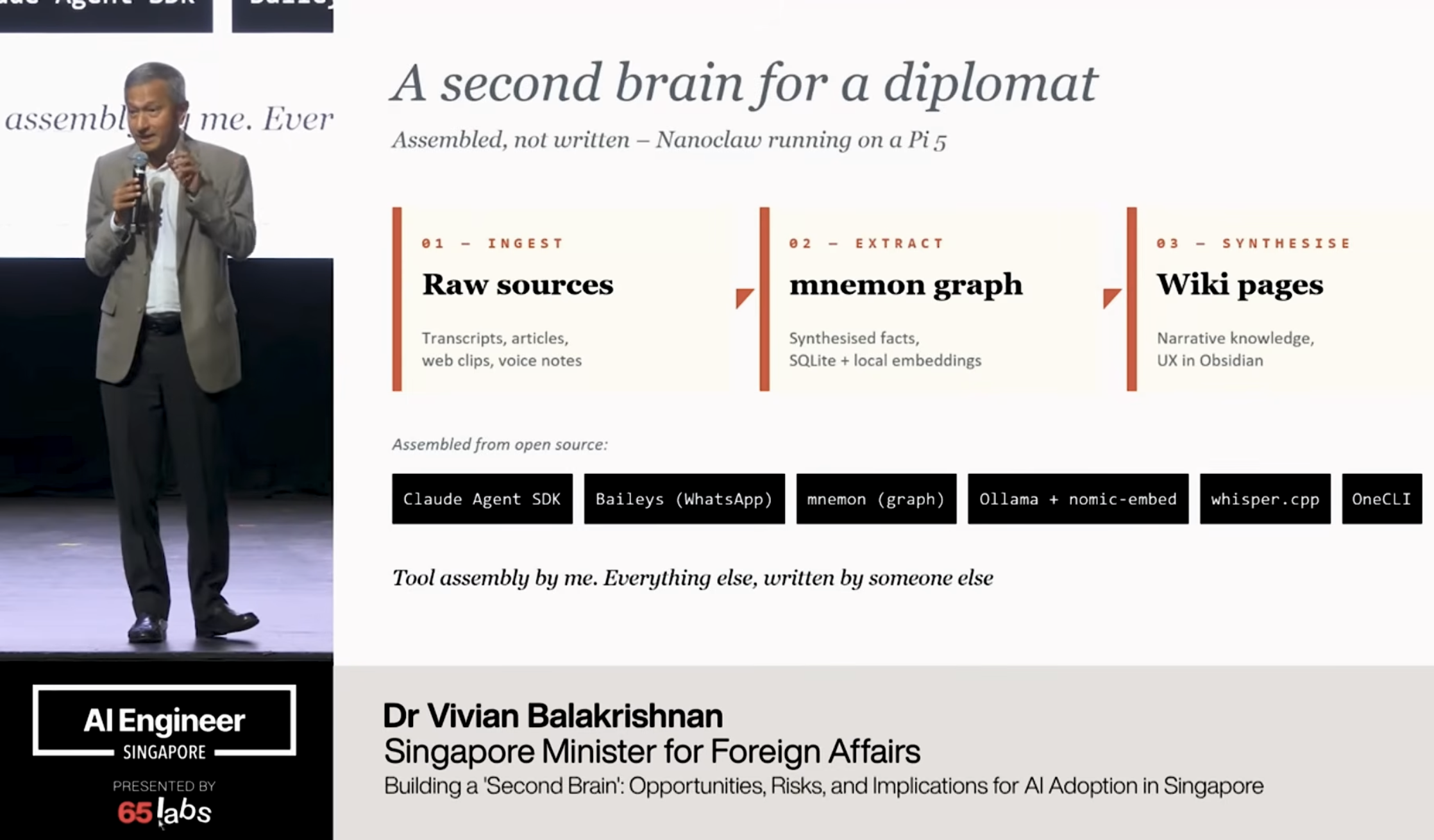 Dr Balakrishnan's presentation at AI Engineer Singapore showing the NanoClaw stack